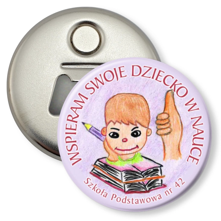 przypinka otwieracz-magnes Wspieram swoje dziecko w nauce - chłopiec