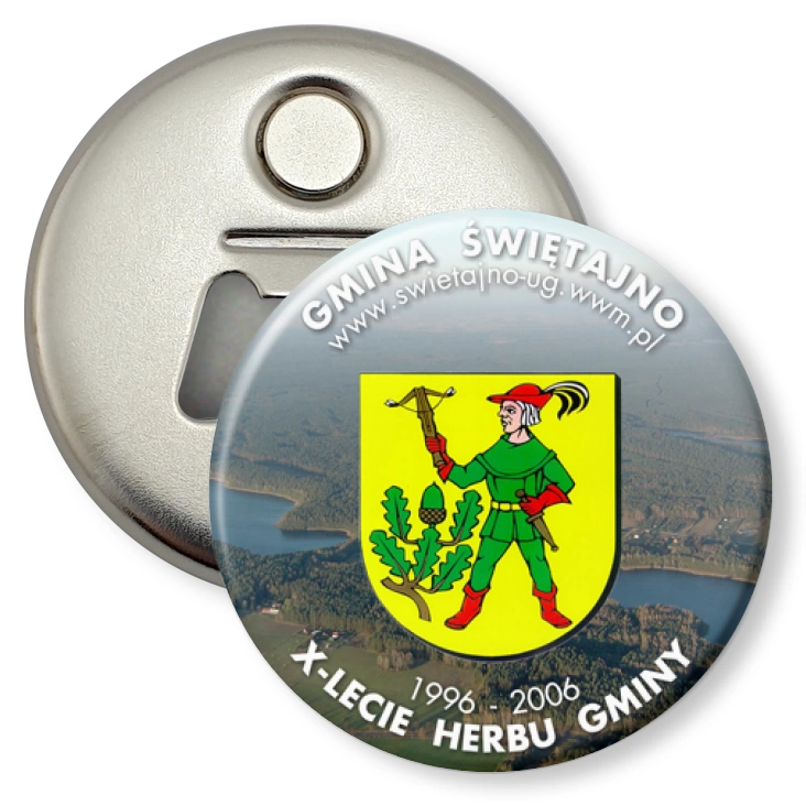 przypinka otwieracz-magnes X-lecie Herbu Gminy Świętajno