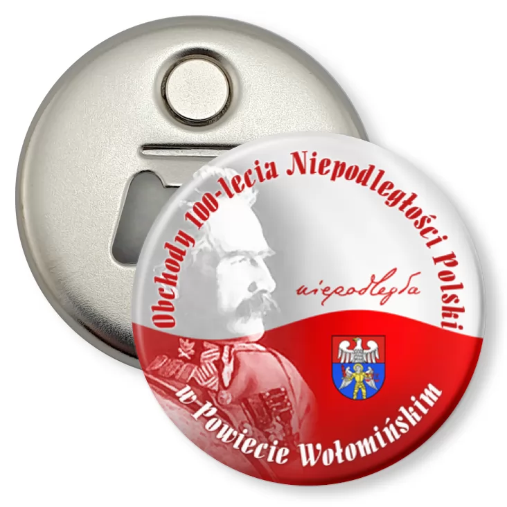 przypinka otwieracz-magnes 100-lecie Niepodległości Polski w Powiecie Wołomińskim