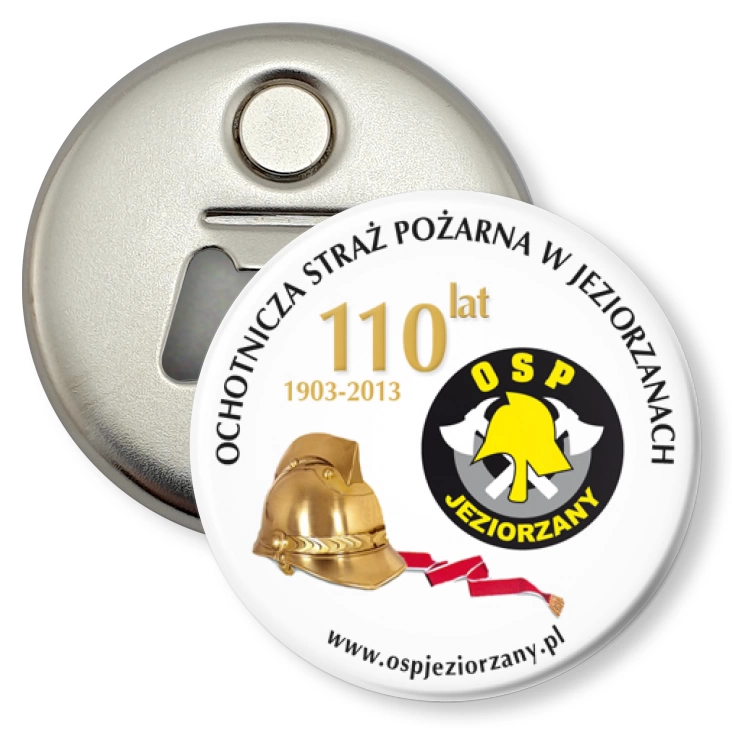 przypinka otwieracz-magnes 110 lat OSP w Jeziorzanach