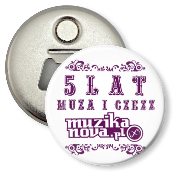 przypinka otwieracz-magnes 5 lat Muzikanova.pl