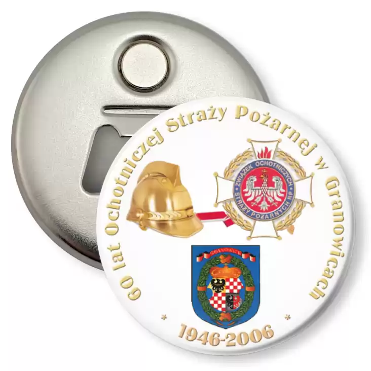 przypinka otwieracz-magnes 60 lat OSP w Gronowicach