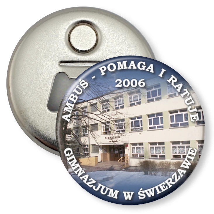 przypinka otwieracz-magnes Ambuś - pomaga i ratuje