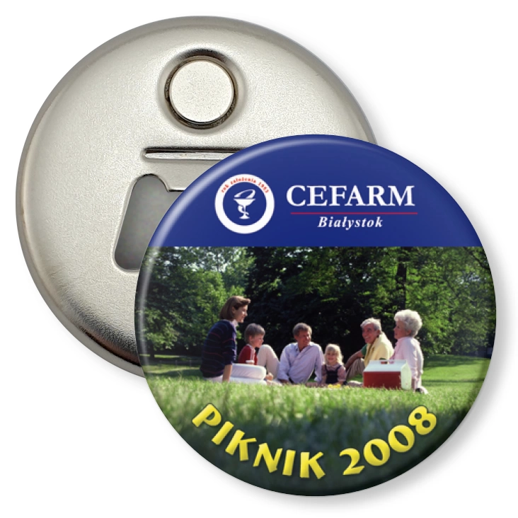 przypinka otwieracz-magnes Cefarm Białystok Piknik