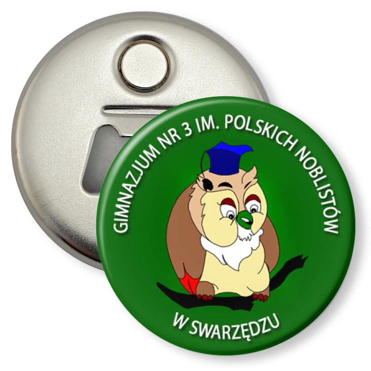 przypinka otwieracz-magnes Gimnazjum nr 3 w Swarzędzu