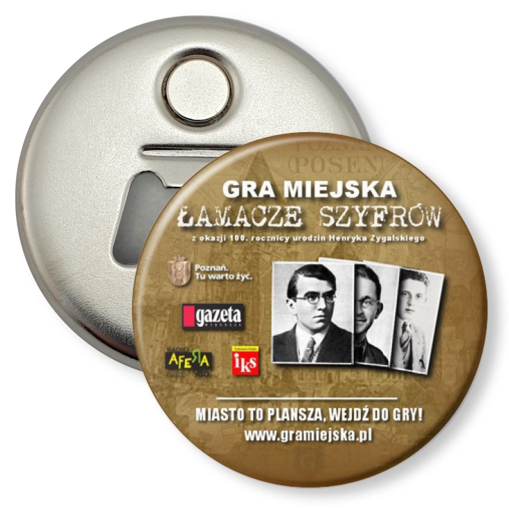 przypinka otwieracz-magnes Gra Miejska Łamacze Szyfrów