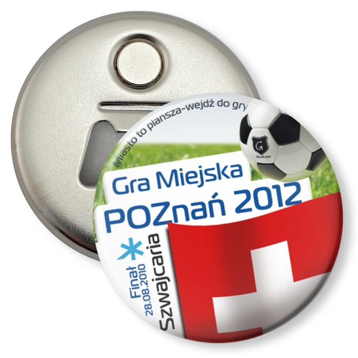 przypinka otwieracz-magnes Gra Miejska - Poznań 2012 - Szwajcaria