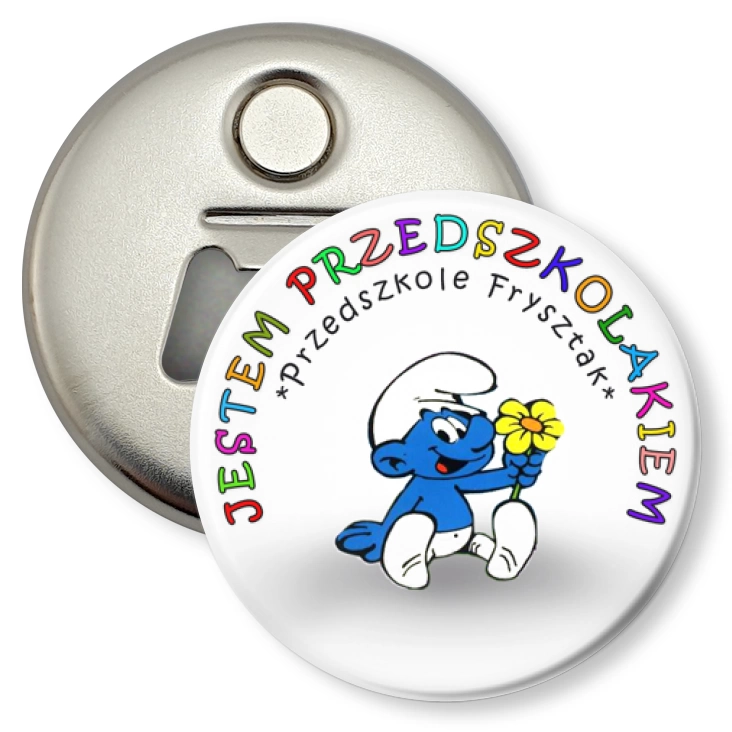przypinka otwieracz-magnes Przedszkole Frysztak - smerfy