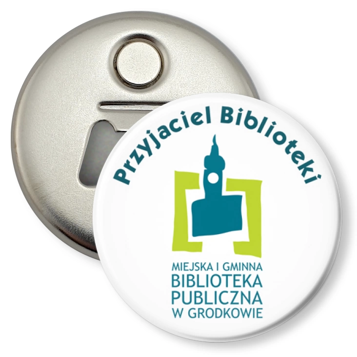 przypinka otwieracz-magnes Przyjaciel Biblioteki