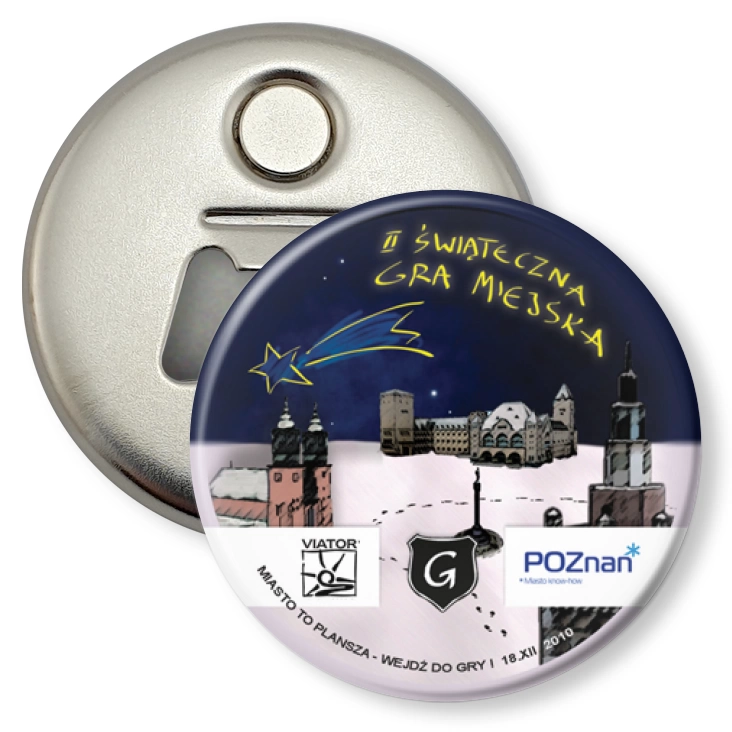 przypinka otwieracz-magnes Świąteczna Gra Miejska Poznań