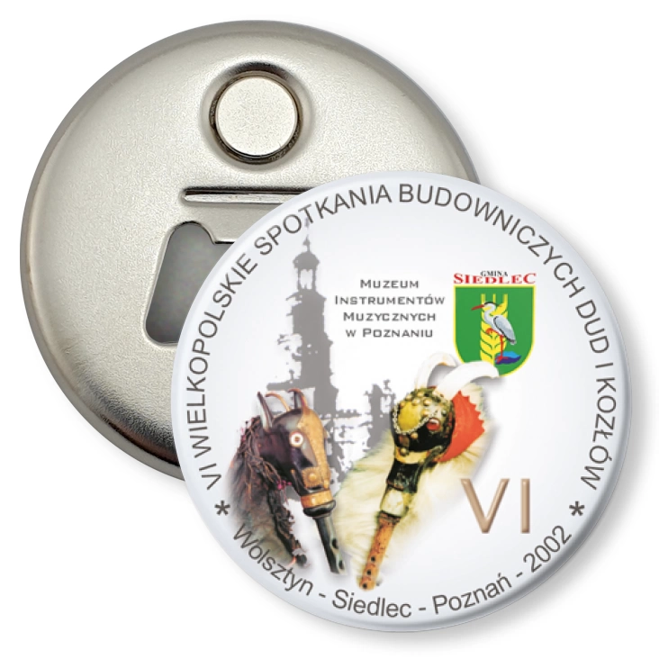 przypinka otwieracz-magnes VI Wielkopolskie Spotkania Budowniczych Dud i Kozłów