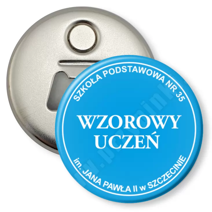 przypinka otwieracz-magnes Wzorowy Uczeń SP35 Szczecin - niebieski