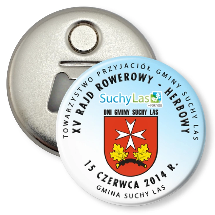 przypinka otwieracz-magnes XV Rajd Rowerowy Herbowy - Suchy Las 2014