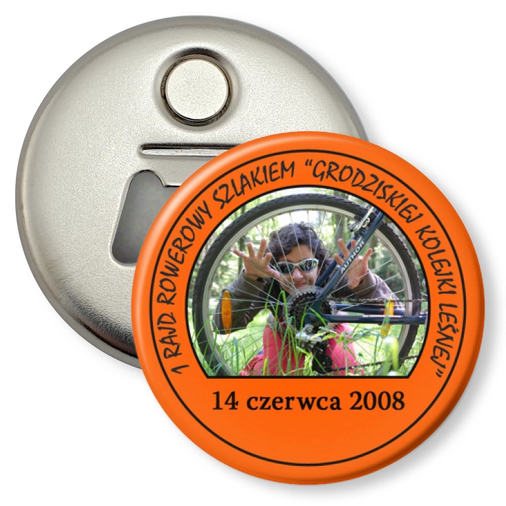 przypinka otwieracz-magnes Rajd Rowerowy Szlakiem Grodziskiej Kolei Leśnej