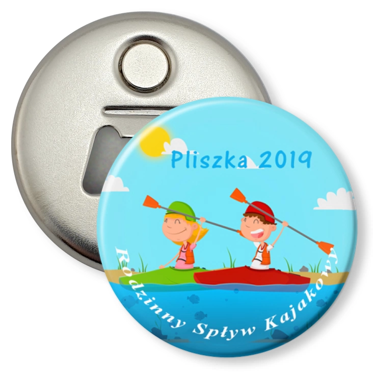 przypinka otwieracz-magnes Rodzinny Spływ Kajakowy Pliszka 2019