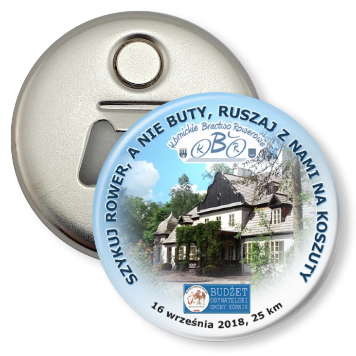 przypinka otwieracz-magnes Ruszaj z nami na Koszuty