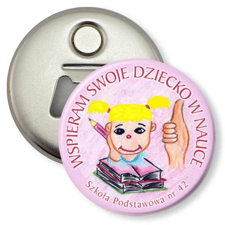 przypinka otwieracz-magnes Wspieram swoje dziecko w nauce - dziewczynka