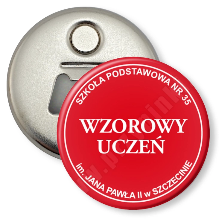 przypinka otwieracz-magnes Wzorowy Uczeń SP35 Szczecin - czerwony