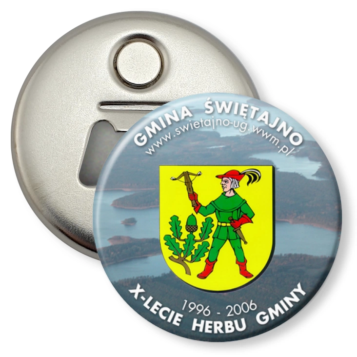 przypinka otwieracz-magnes X-lecie Herbu Gminy Świętajno