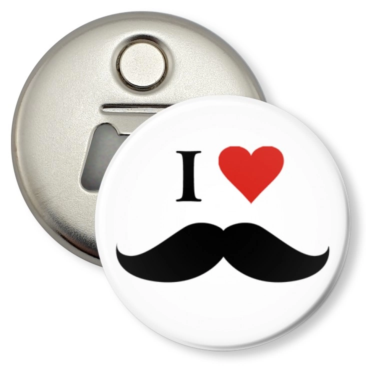 przypinka otwieracz-magnes I love moustache