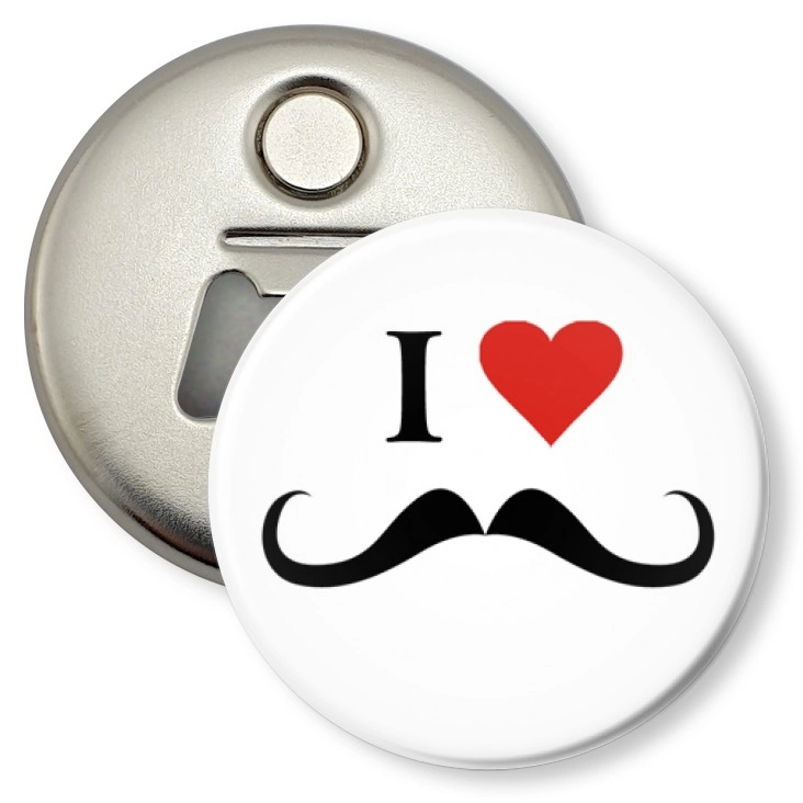 przypinka otwieracz-magnes I love moustache