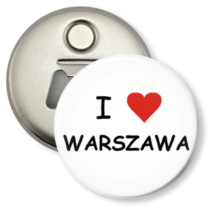 przypinka otwieracz-magnes I love Warszawa