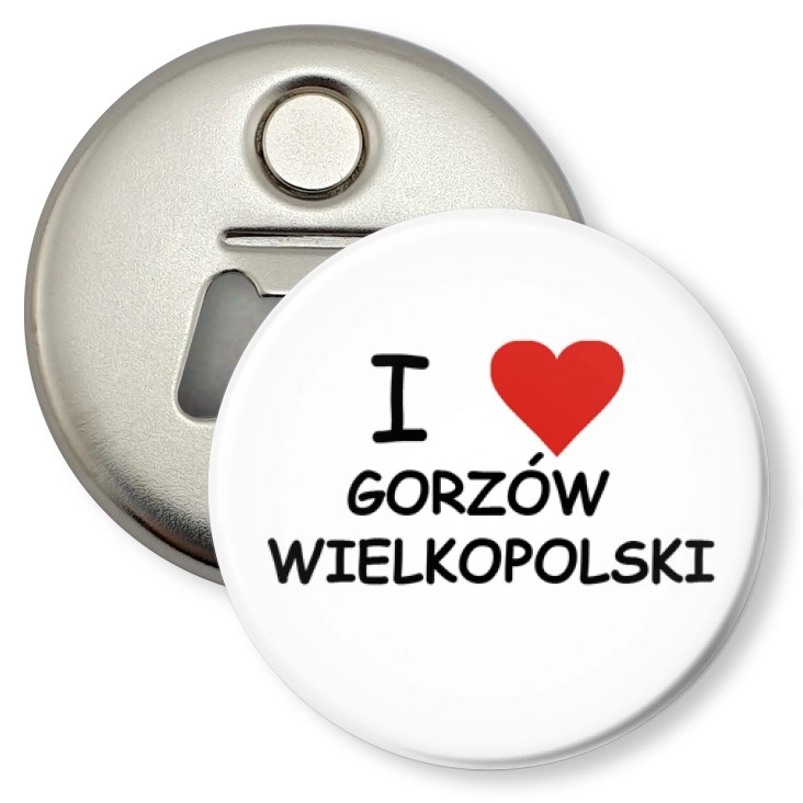 przypinka otwieracz-magnes I love Gorzów Wlkp.