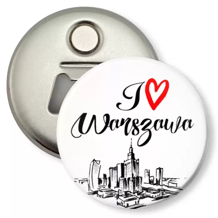 przypinka otwieracz-magnes I love Warszawa
