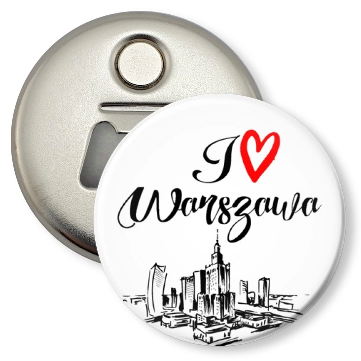 przypinka otwieracz-magnes I love Warszawa