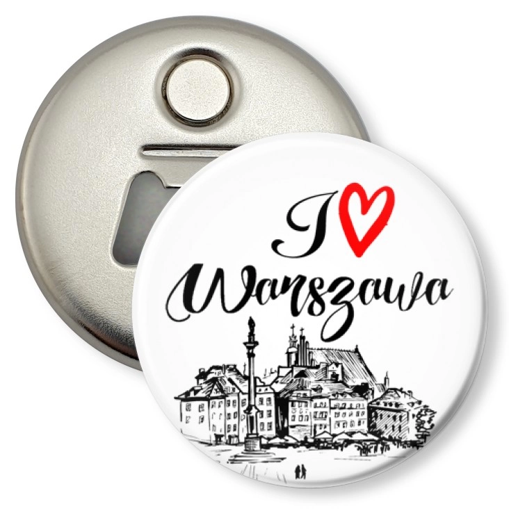 przypinka otwieracz-magnes I love Warszawa