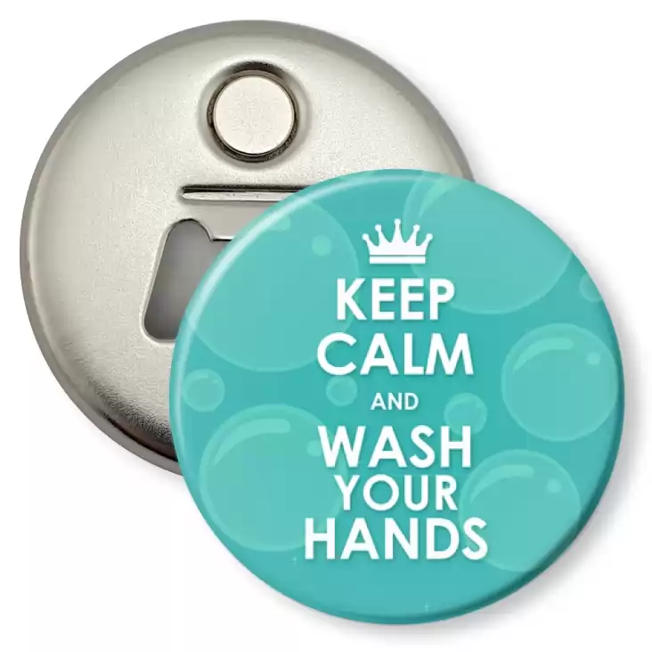przypinka otwieracz-magnes Keep calm and wash your hands