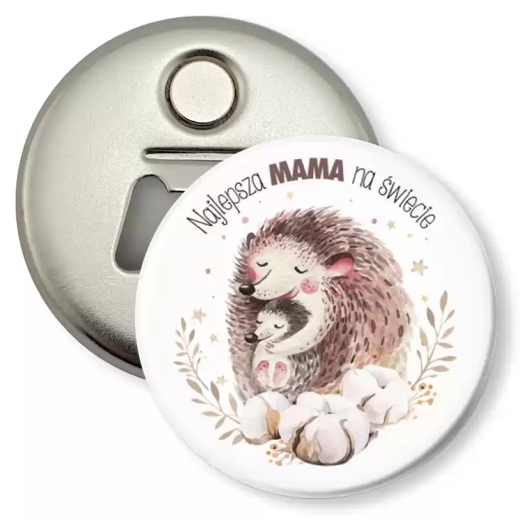 przypinka otwieracz-magnes Dzień Matki Najlepsza mama na świecie Jeżyki