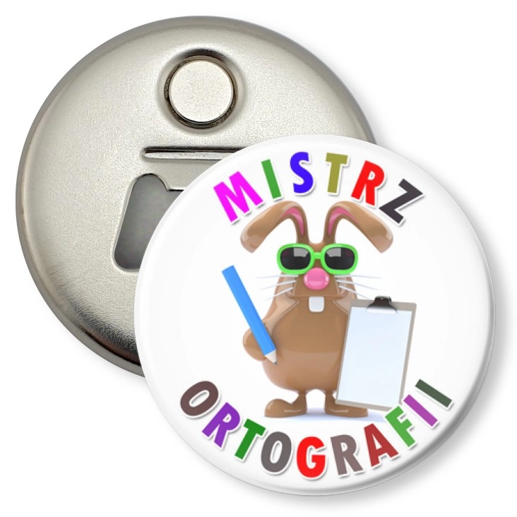 przypinka otwieracz-magnes Mistrz ortografii