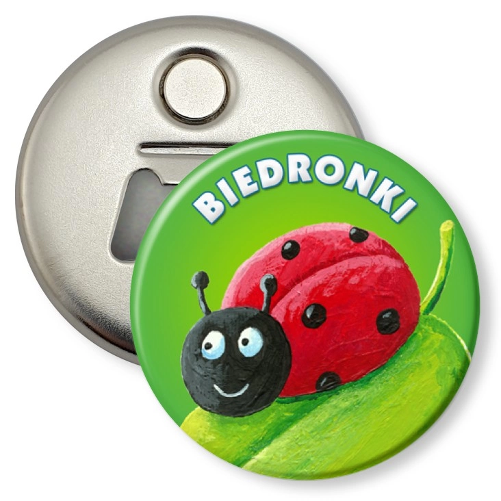 przypinka otwieracz-magnes Biedronki
