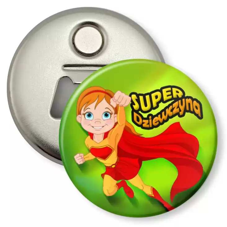 przypinka otwieracz-magnes Super Dziewczyna Supermanka na zielonym tle