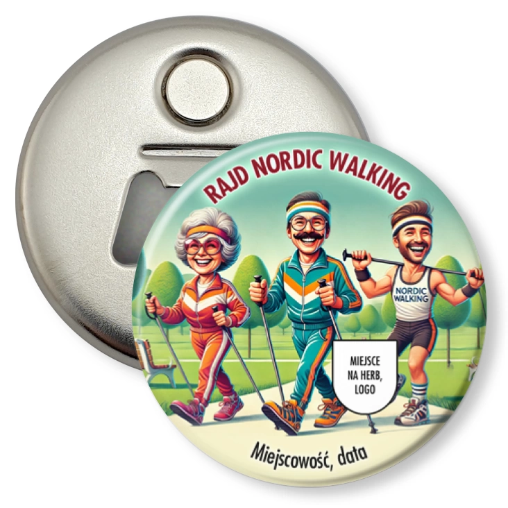 przypinka otwieracz-magnes Rajd Nordic Walking Szerokie uśmiechy
