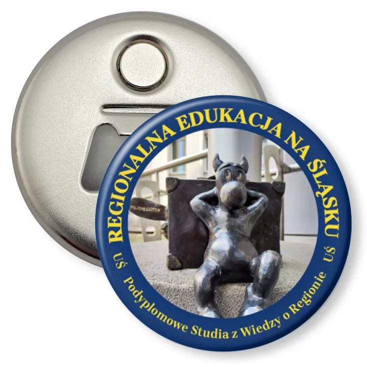 przypinka otwieracz-magnes Regionalna Edukacja na Śląsku