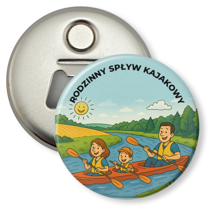 przypinka otwieracz-magnes Rodzinny spływ kajakowy ze słoneczkiem
