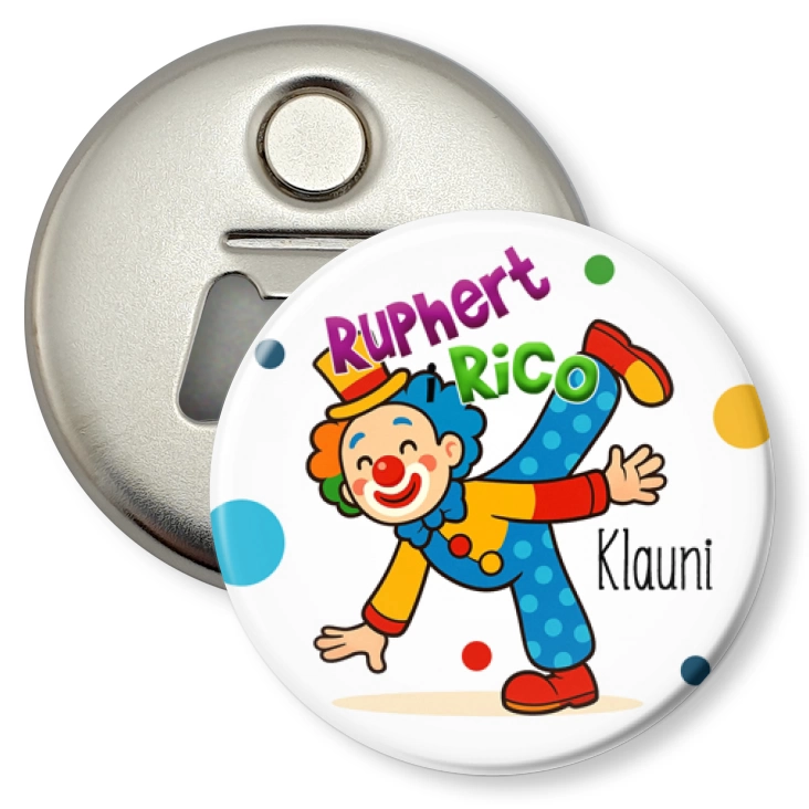 przypinka otwieracz-magnes Ruphert i Rico Klauni na białym tle
