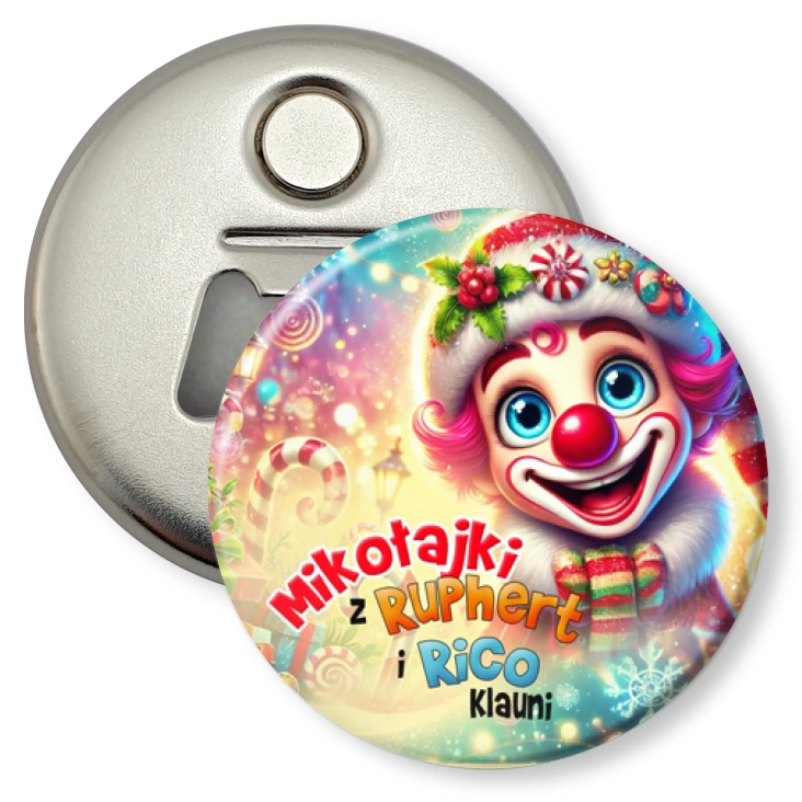 przypinka otwieracz-magnes Ruphert i Rico Klauni Uśmiechnięty Klaun