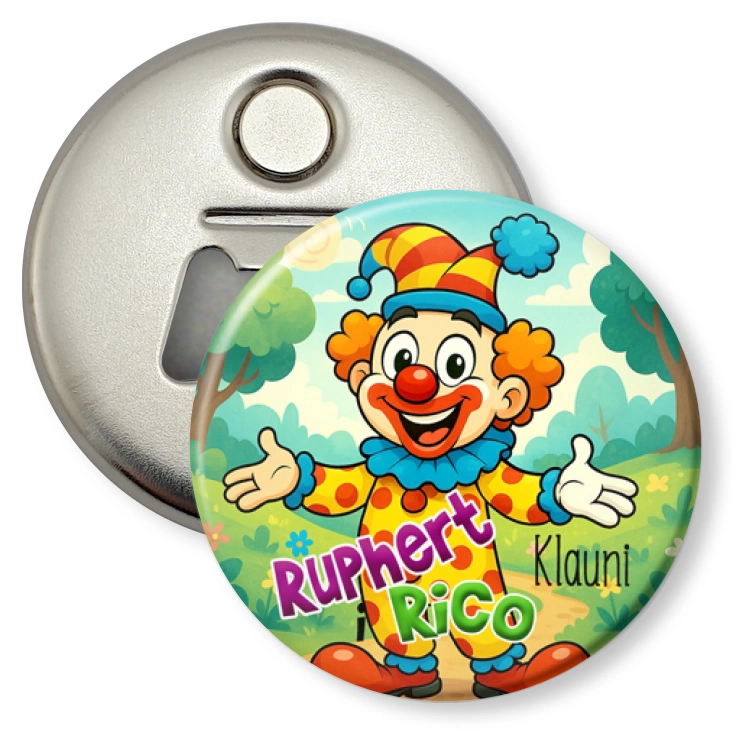 przypinka otwieracz-magnes Ruphert i Rico Klauni w lesie