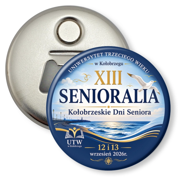 przypinka otwieracz-magnes Senioralia Kołobrzeg 2026