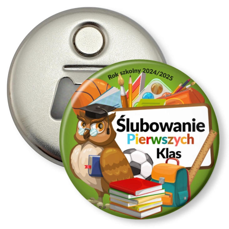 przypinka otwieracz-magnes Ślubowanie pierwszych klas Mądra Sowa