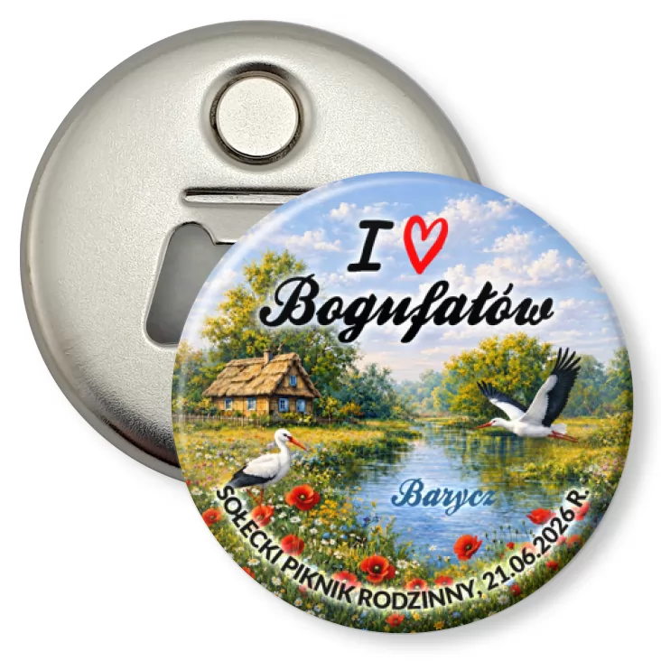 przypinka otwieracz-magnes Sołecki Piknik Rodzinny 2026 Bogufałów