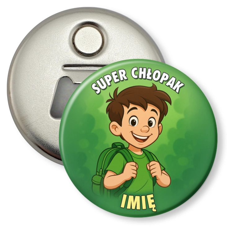przypinka otwieracz-magnes Super chłopak na zielonym tle