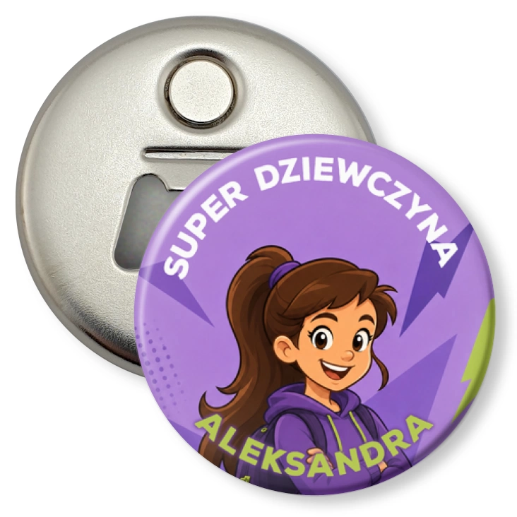 przypinka otwieracz-magnes Super Dziewczyna fiolet