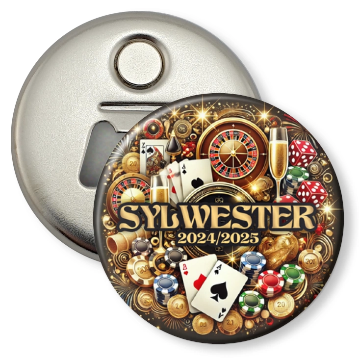 przypinka otwieracz-magnes Sylwester w stylu Las Vegas