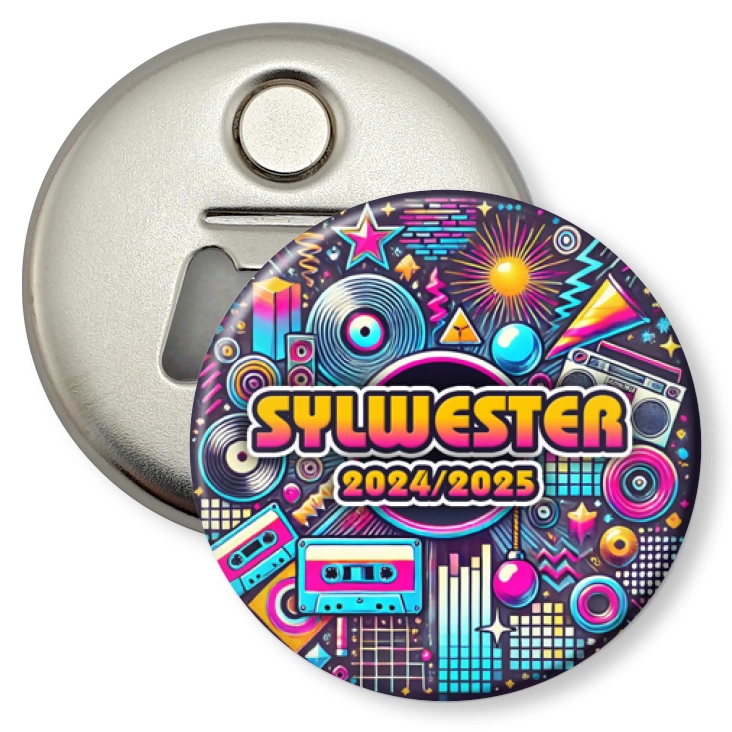 przypinka otwieracz-magnes Sylwester w stylu disco