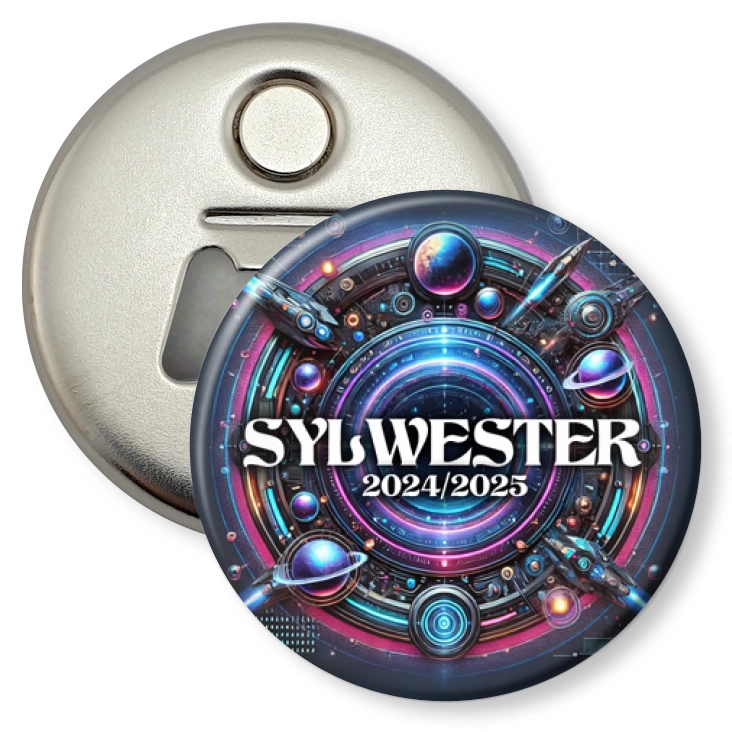 przypinka otwieracz-magnes Sylwester w stylu science-fiction