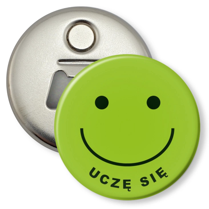 przypinka otwieracz-magnes Uczę się na zielonym tle
